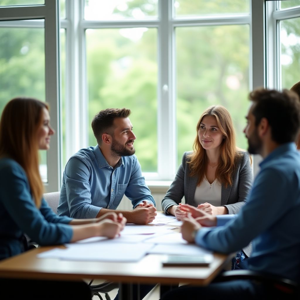 Equipo de ingenieros y analistas revisando planos en una oficina moderna con vista a un yacimiento.