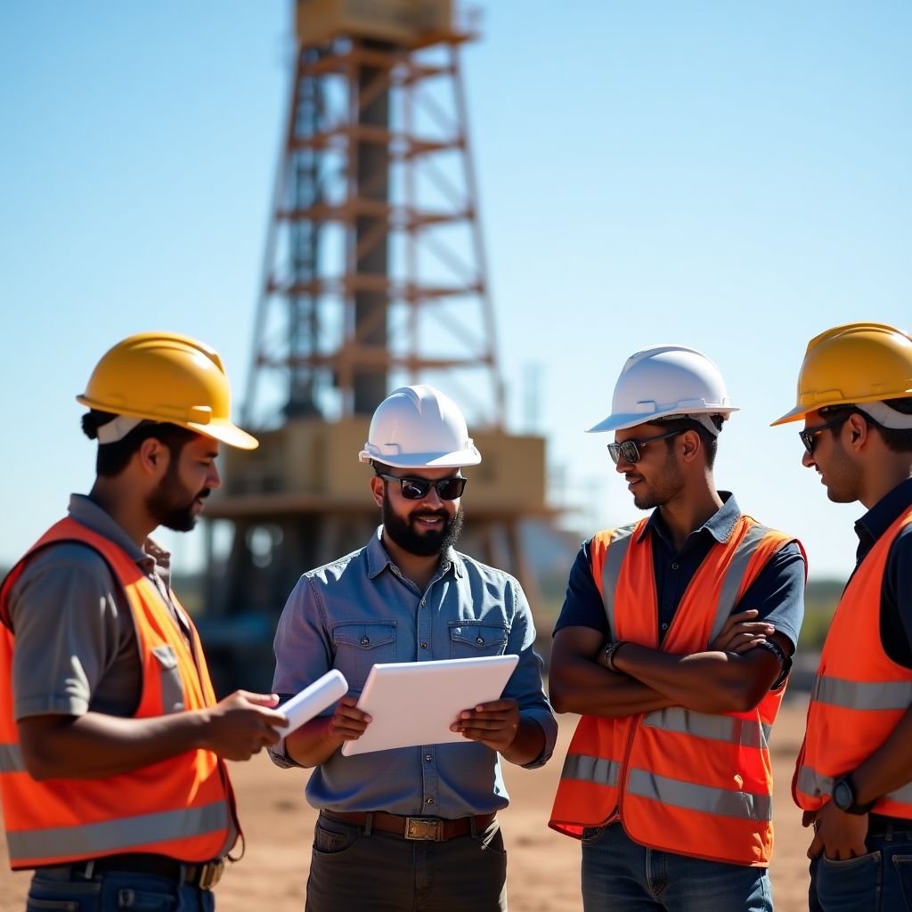 Ingenieros gestionando operaciones en un yacimiento petrolero